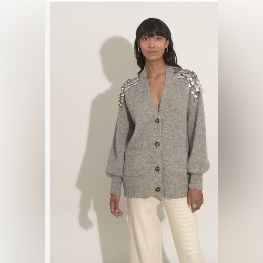 Eleven Six
Cora Sequined Shoulder Cardigan gray front pocket size M/L. NWT. - Picture 3 of 12